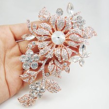 Rose Gold-tone Vintage Style Flower Woman Brooch Pin Clear Rhinestone Crystal