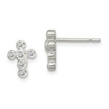 .925 Sterling Silver Kid's CZ Cross Post Earrings 9mm x 7mm Childrens Jewelry