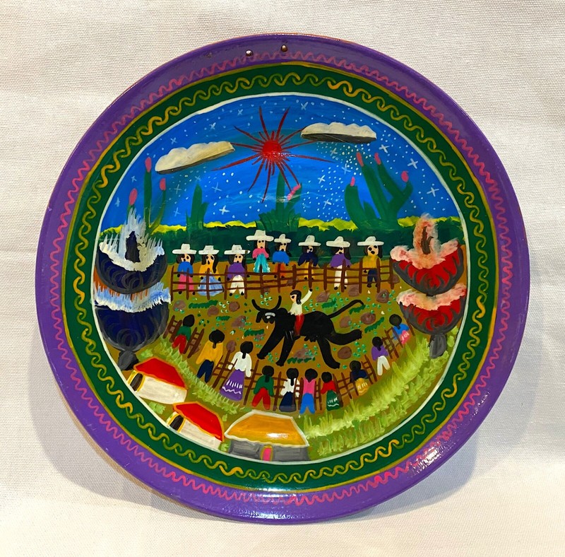 VTG Bull Rider Terra Cotta Mexican hand painted 10 1/2" village scene sunny day