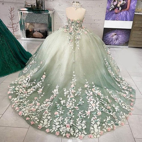 Light Green Quinceanera Dresses 3D Floral Beaded Party Ball Gowns Sweet 16 Dress - Picture 2 of 17