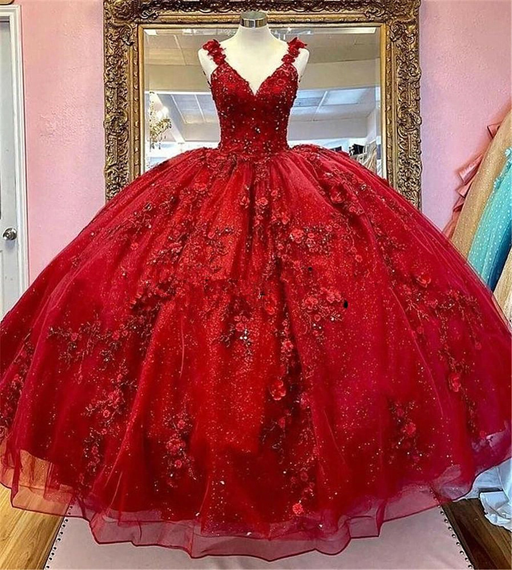 Red Quinceanera Dresses 3D Flowers Appliques Beaded Ball Sweet 16 Dress | eBay