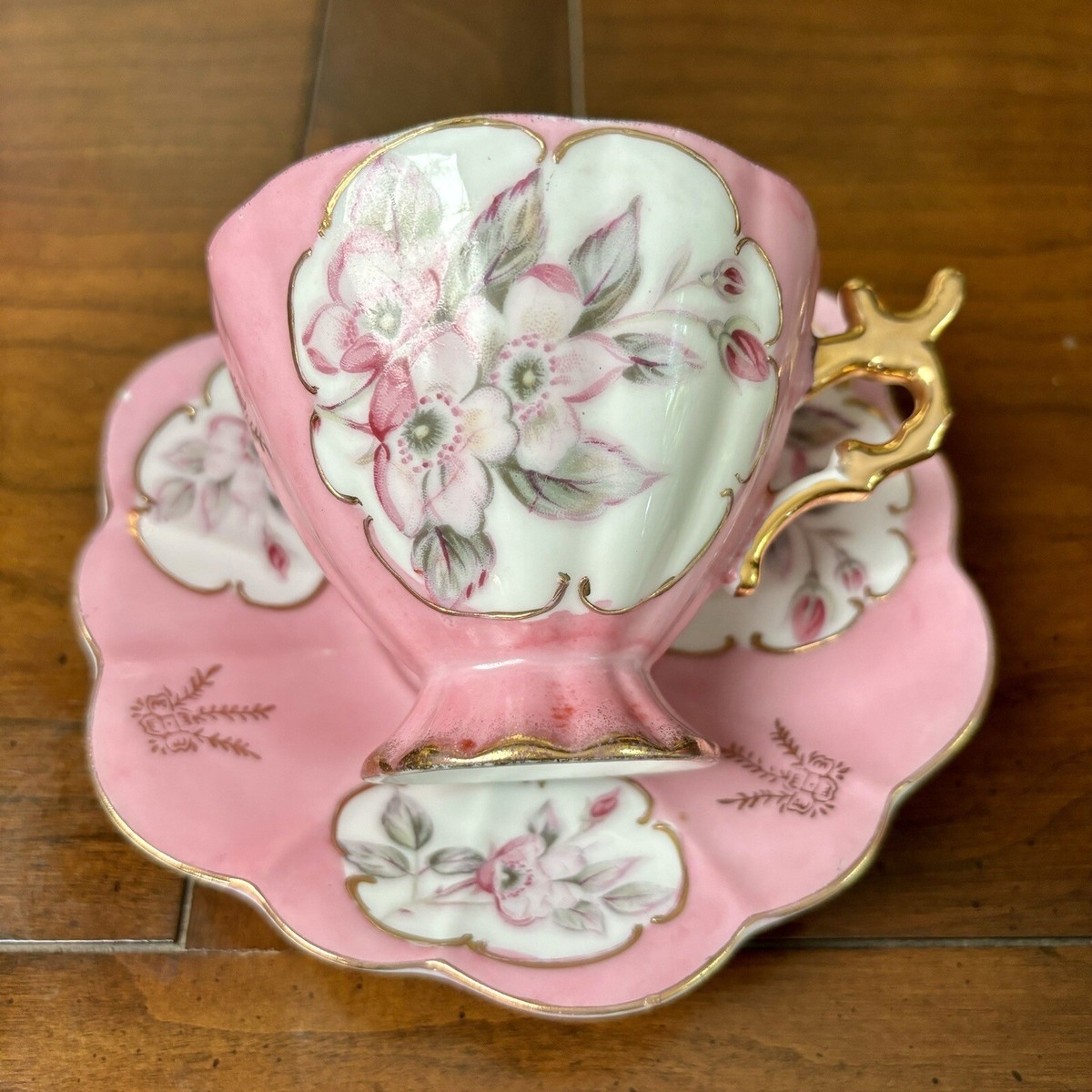 Vintage PINK Unmarked Lustreware Footed Tea Cup and Saucer Set