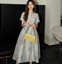 Women Short Sleeve Crew Neck Jacquard A-line Midi Dress Design Temperament Skirt