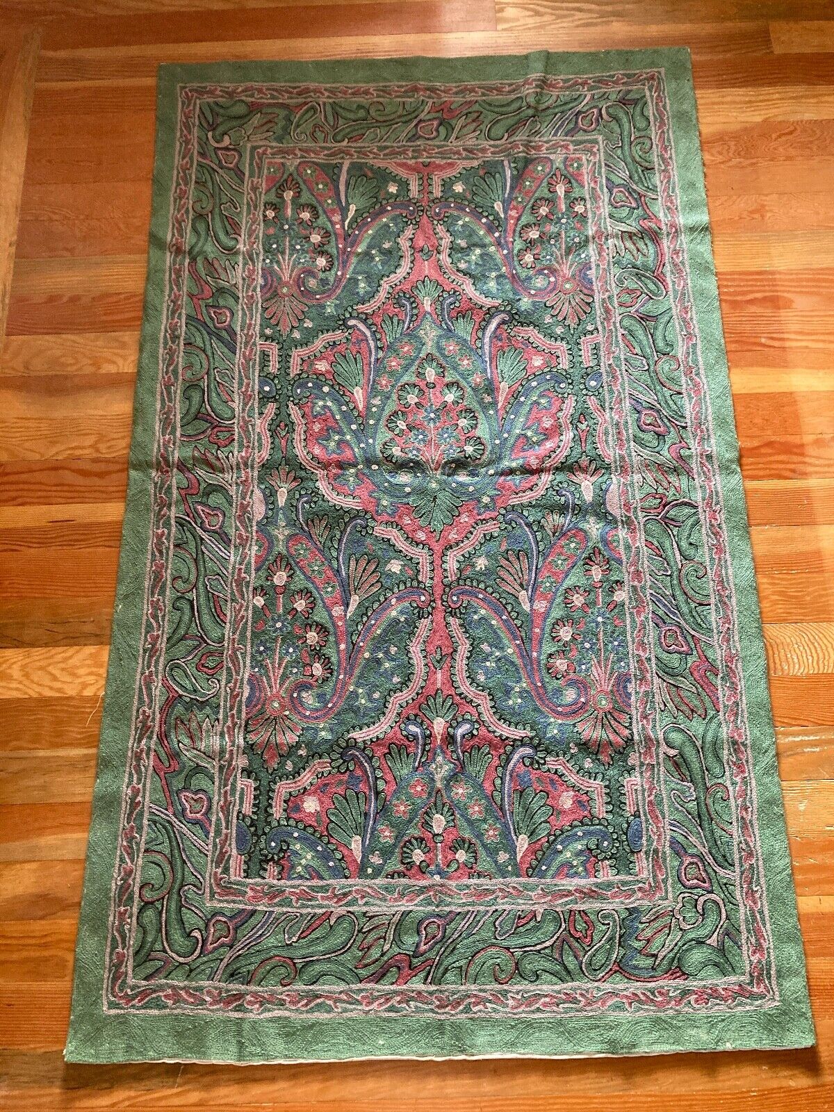 vintage chainstich rug pastel green blue pink floral paisley design