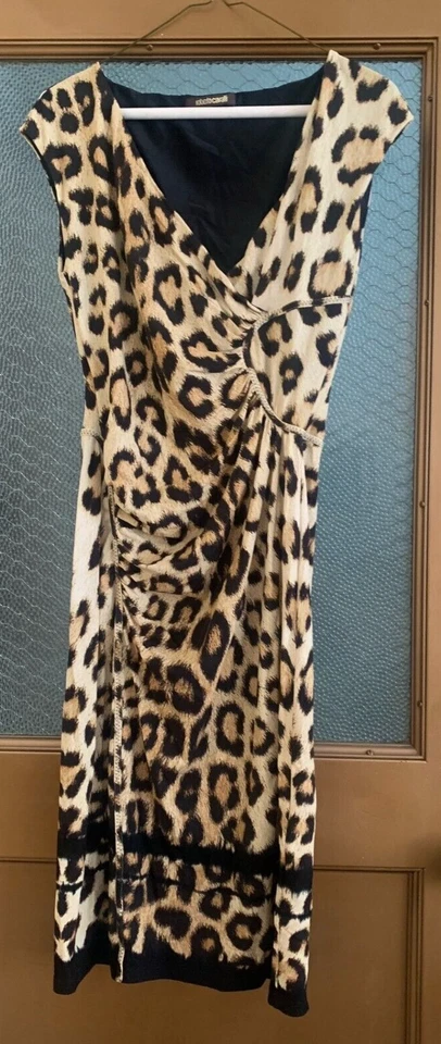 VESTIDO ROBERTO CAVALLI MUJER ESTAMPADO LEOPARDO ELÁSTICO ACANALADO CUELLO EN V TALLA 44 Foto 2 de 4