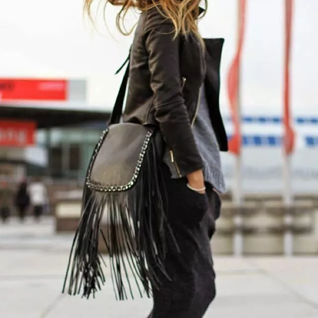 Zara black leather tassel fringe flap bag with chain