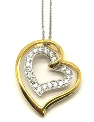 Silber 925 Elegant CZ Pave Bicolor Double Love Herz Seitlich Halsband Halskette