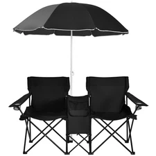 Portable Folding Picnic Double Chair W/Umbrella Table Cooler Beach Camping Black
