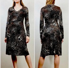 Cabi Brown Geometric  Surplice Wrap Long Sleeve Knee Length A Line Dress Size M