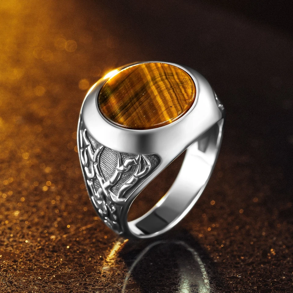 Anillo de plata de ley 925 con piedra redonda de ojo de tigre marrón para hombre Foto 4 de 4