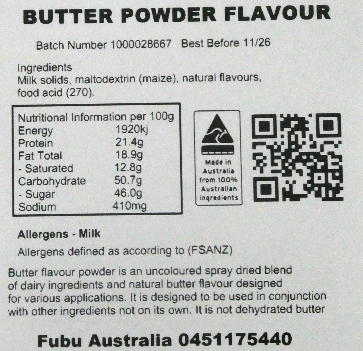 Butter Powder (500g) Australian  Product Cooking Baking Flavour Enhancer