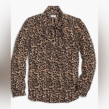 J Crew Long-sleeve Leopard Drapey Tie-neck Top