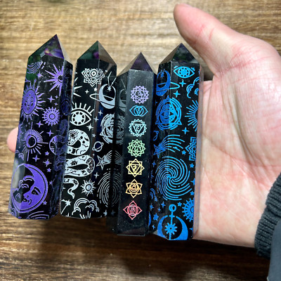 4pc Etched Obsidian chakra Point tower Healing Crystal Gemstone Chakra