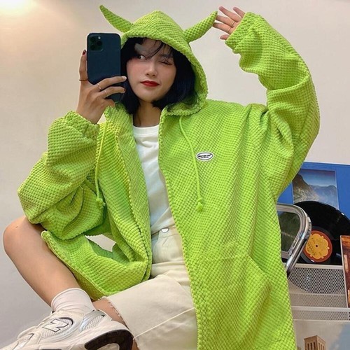 Devil Horn Popcorn Texture Flannel Jacket Hooded Women's Jacket Lightweight Goth - Picture 5 of 36