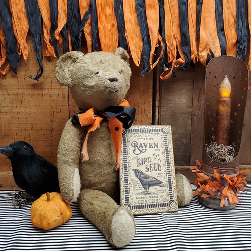 PRIMITIVE VINTAGE STEAMPUNK STYLE HALLOWEEN RAVEN CROW SEED WOOD SHELF SIT SIGN - Picture 1 of 8