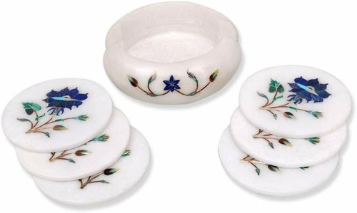 White Marble coaster set semi precious stones lapis inlay floral Handmade Decor - Picture 1 of 2