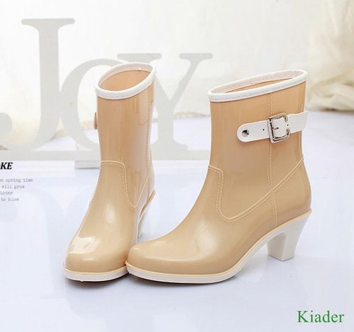 New Womens Waterproof Med Calf Rain Boots Block Med Heels Antiskid Rubber Shoes - Picture 12 of 15
