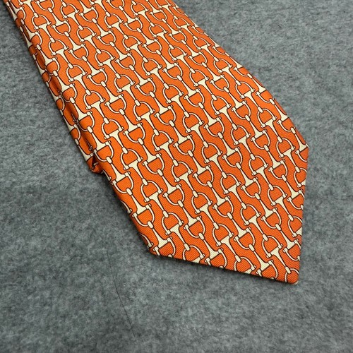 Hermes necktie; Orange with horse bridle pattern - Picture 5 of 7
