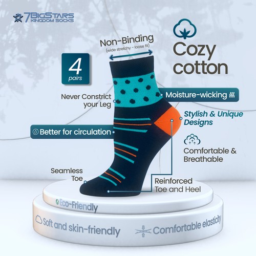 Women Cotton Diabetic Quarter Socks-4 Pack Medium-Heart Polka Dot-Blue Purple - Picture 2 of 21