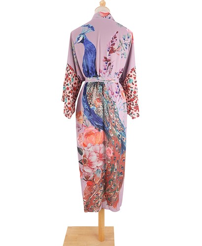 Beach Kimono Women Peocock Printed Swimsuit Cover Up Self Belted Wrap Beachwear - Picture 12 of 18