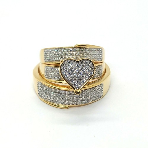 14K Yellow Gold Plated His & Her Moissanites Heart Bridal Wedding Trio Ring Set - Picture 2 of 10