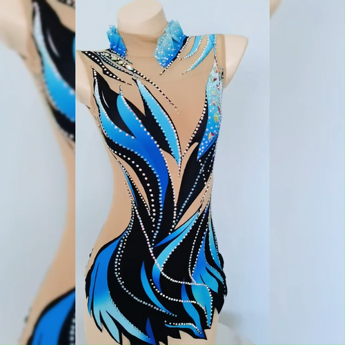 Women Girl Costume Rhythmic Gymnastics Leotards Competition Aerobics Blue Teens - Video 1 of 1
