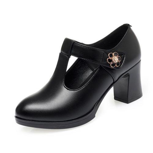 Women’s Black Mary Jane Block Heels Leather Pumps T-Strap Comfort Work Shoes