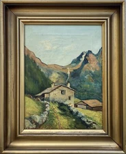Impressionist Alpine Landscape with Mountain Hut Oil Painting 
