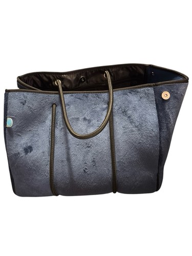 CHUCHKA Blue Velvet Tote Bag Black Straps Snap Side - Picture 2 of 4