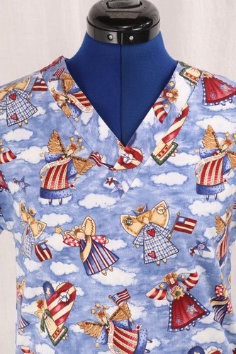 White Swan Scrub Top Womens XS Blue Medical Patriotic Angel Graphic Print VTG - Picture 9 of 12