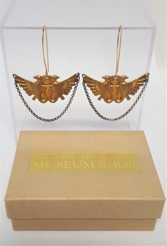 Egyptian Revival Wings Serpent Earrings Dangle Chain Hook Stamped Metal Embossed - Picture 2 of 15