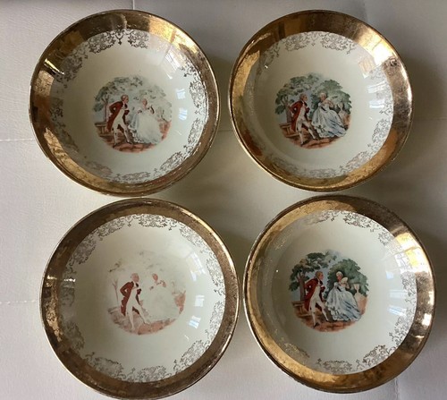 Sabin Crest-O-Gold 22 K Gold Dessert Bowls Courting Couple 5.5” Set Of 4 Vintage - Picture 1 of 12