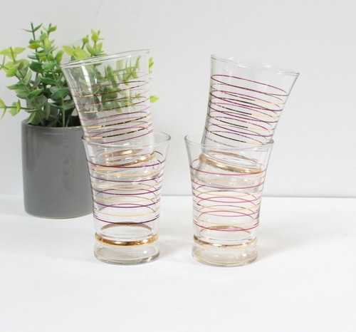 4 Verres Art Déco filets rouges et dorés - Picture 5 of 6