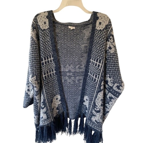 Shawl Sweater Cardigan women's M, Blue White Tassel Fringe Knit - Picture 2 of 4