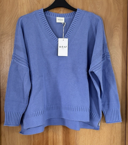 Wrap London Women's Cotton Tape V-Neck Sweater Cornflower Blue US Size 14 NWT - Picture 3 of 5