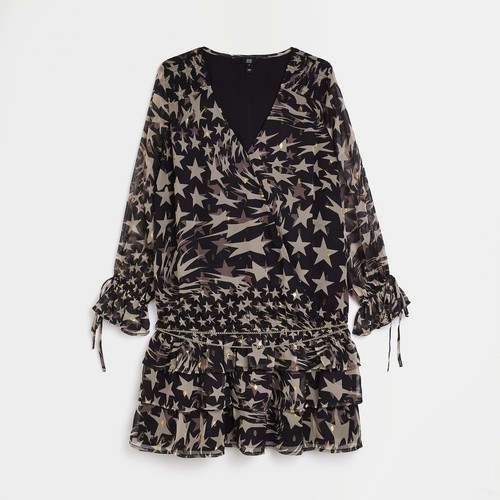 River Island Womens Mini Dress Petite Black Chiffon Star Belt Long Sleeve V-Neck - Picture 8 of 9