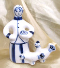 Gzhel Russian Porcelain Figurine Blue & White Woman Feeding Chickens VGC