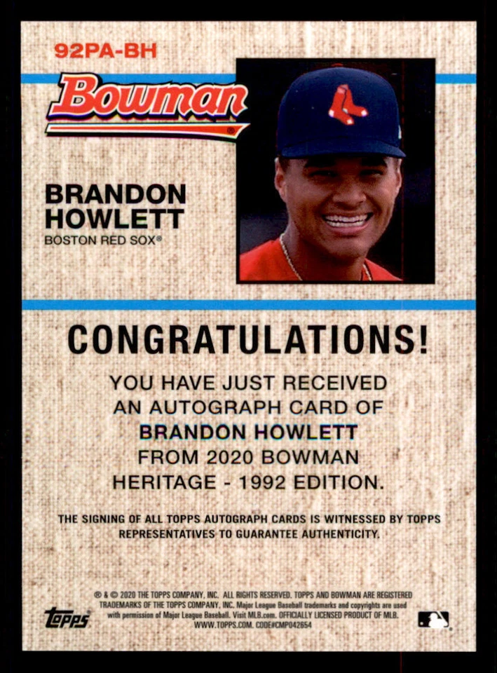 2020 Bowman Heritage Chrome AUTO Gold Refractors #92PABH Brandon Howlett /50 - Image 2 of 2