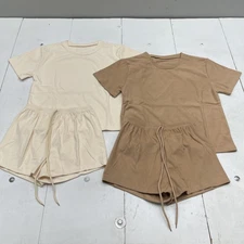 Lounge Set Shirt Shorts Womens Small Tan 2 Piece Soft Stretch Loungewear