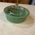 Vintage 6 1/2 Inch Green Ceramic Bowl and PYREX Lid #P81-C Clear Glass USA