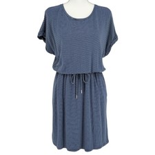 Hilary Radley Blue White Stripe Knit Dress Drawstring Waist Rayon Stretch M