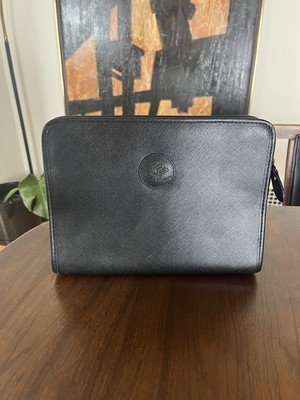 Pierre Balmain Vintage Black Leather Unisex Structured Clutch Bag W Wristlet EUC