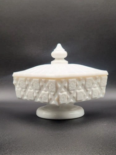 Westmoreland Milk Glass Square Pedestal Candy Dish With Lid - Old Quilt Pattern