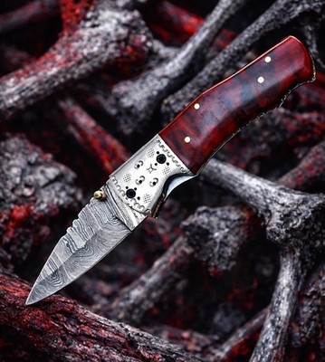 Hand Forged Damascus Folding Dagger Blade Pocket Knife Outdoor Camping Tool