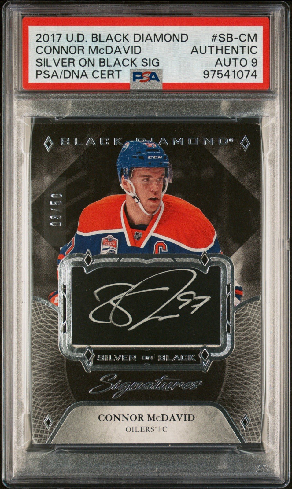 2017 UPPER DECK BLACK DIAMOND SILVER ON BLACK SIGNATURES CONNOR McDAVID /50 PSA9 view 3