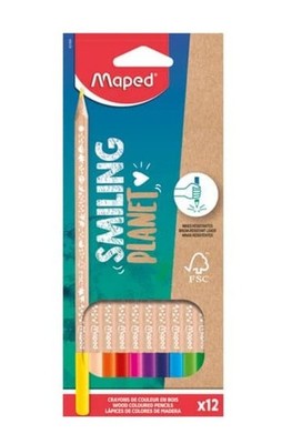 Maped Dreikant-Buntstifte SMILING PLANET, 12er Kartonetui Schaft in Naturholz