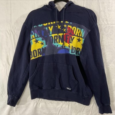 Born Fly Hoodie Mens Small Blue Pullover Graphic Logo Fleece Kangaroo Pocket