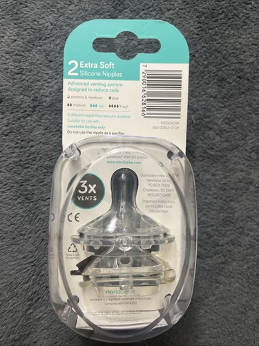 2-Pack NANOBEBE 6m+ Extra Soft Clear Silicone Nipples Fast Flow NEW SEALED - Picture 2 of 3