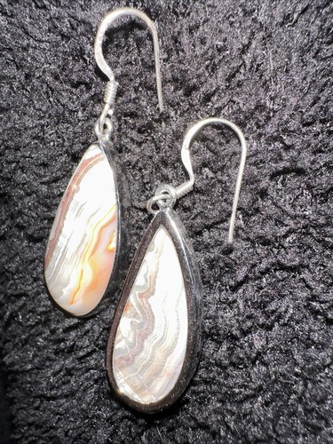 Natural Crazy Lace Agate Gemstone Drop Dangle Pear Earrings 925 Sterling Silver - Picture 6 of 7