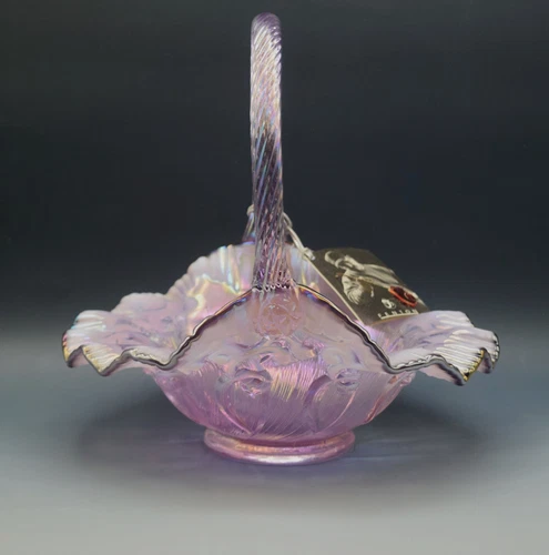 FENTON ART GLASS LILY OF THE VALLEY IRIDESCENT LAVENDER AMETHYST RIM BASKET MWT